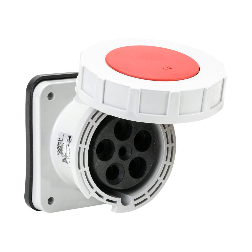 BRY560R7W - Bryant watertight single pin and sleeve receptacle, 60A, 277/480 VAC, 3-phase, 4-pole, 5-wire, 7 hour, IP67, nylon housing, red.