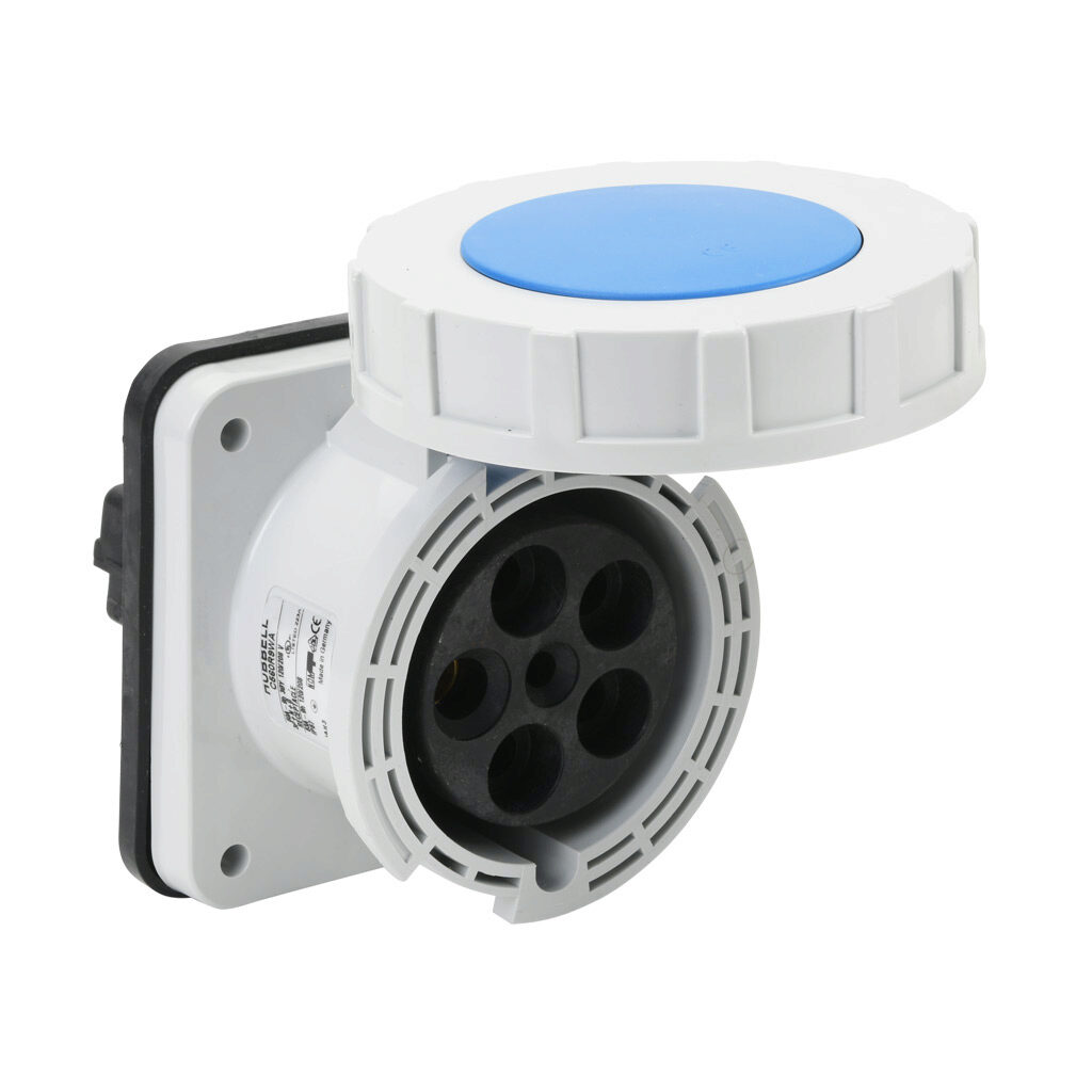 BRY560R9W - Bryant watertight single pin and sleeve receptacle, 60A, 120/208 VAC, 3-phase, 4-pole, 5-wire, 9 hour, IP67, nylon housing, blue.