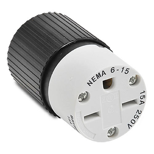 BRY5669NC - Bryant industrial heavy duty straight blade connector, 15A, 250 VAC, 1-phase, 2-pole, 3-wire, NEMA 6-15, accepts cord size 0.3-0.65in, nylon housing, black and white.