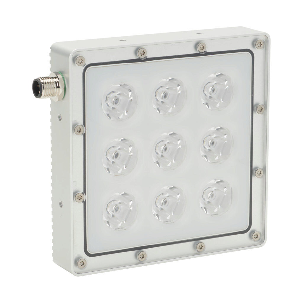 BS1ZD5QY - Lumher BS machine vision lighting, spot light, white light emission, 5000K, plus or minus 3 degrees, continuous and strobe, 125 x 125 x 25mm housing, 22.8-25.2 VDC operating voltage.