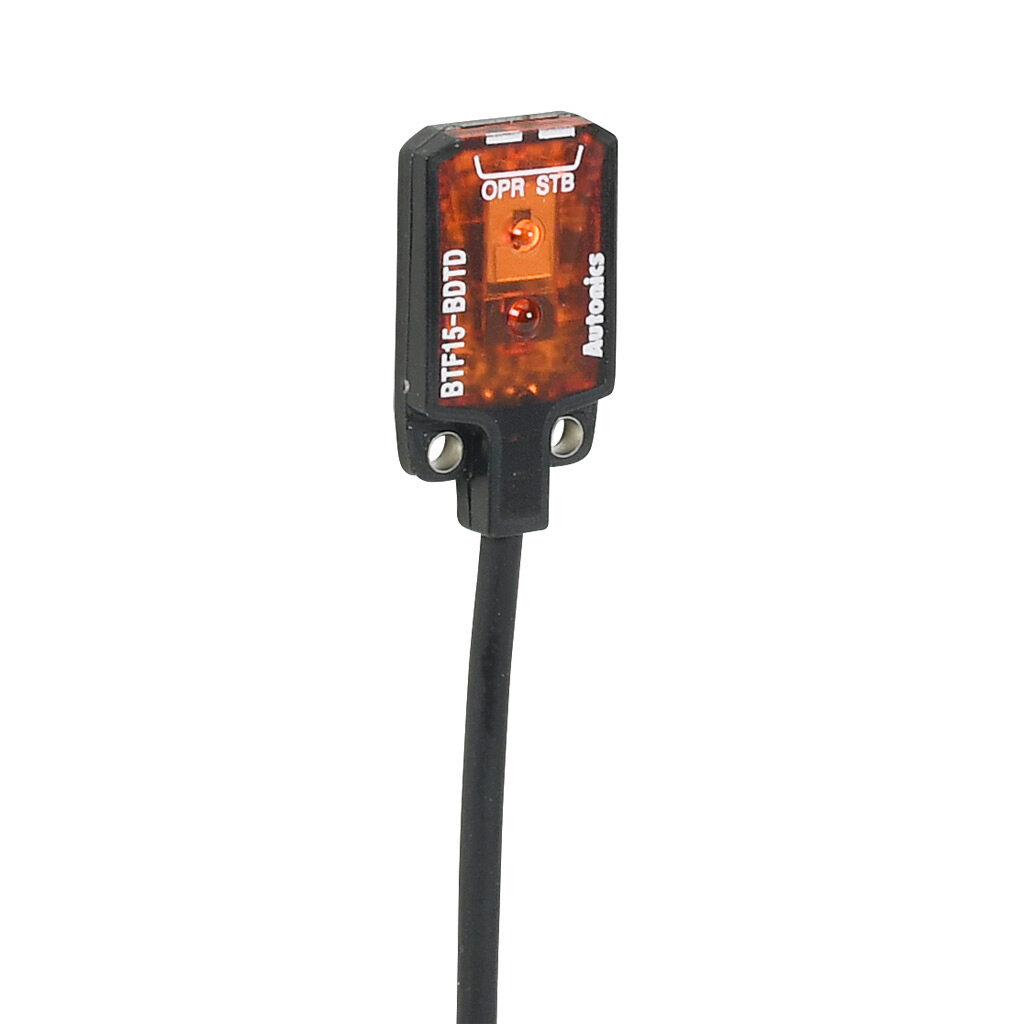 BTF15-BDTD - Autonics photoelectric sensor, rectangular, background suppression, visible red, 1-15mm sensing distance, dark-on, NPN, 20.8 x 13 x 3.7mm body, polybutylene terephthalate, 6.5ft/2m cable length, pigtail.