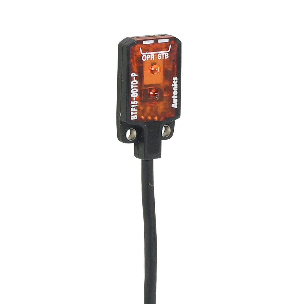 BTF15-BDTD-P - Autonics photoelectric sensor, rectangular, background suppression, visible red, 1-15mm sensing distance, dark-on, PNP, 20.8 x 13 x 3.7mm body, polybutylene terephthalate, 6.5ft/2m cable length, pigtail.