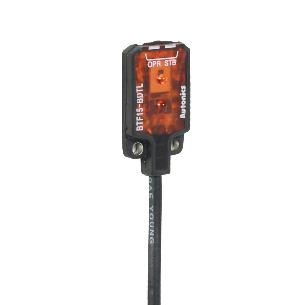 BTF15-BDTL - Autonics photoelectric sensor, rectangular, background suppression, visible red, 1-15mm sensing distance, light-on, NPN, 20.8 x 13 x 3.7mm body, polybutylene terephthalate, 6.5ft/2m cable length, pigtail.