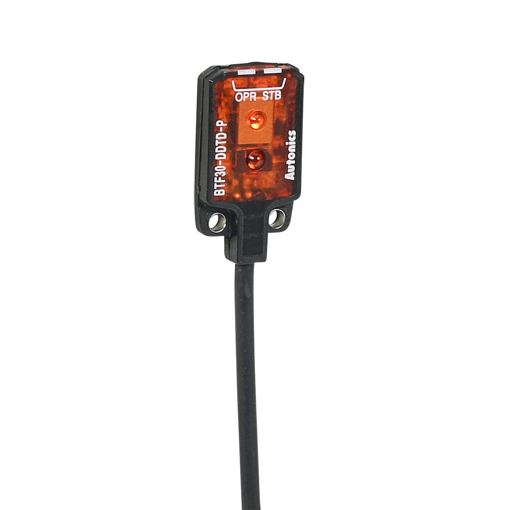 BTF30-DDTD-P - Autonics photoelectric sensor, rectangular, diffuse, visible red, 5-30mm sensing distance, dark-on, PNP, 1 kHz switching frequency, 20.8 x 13 x 3.7mm body, polybutylene terephthalate, pigtail.