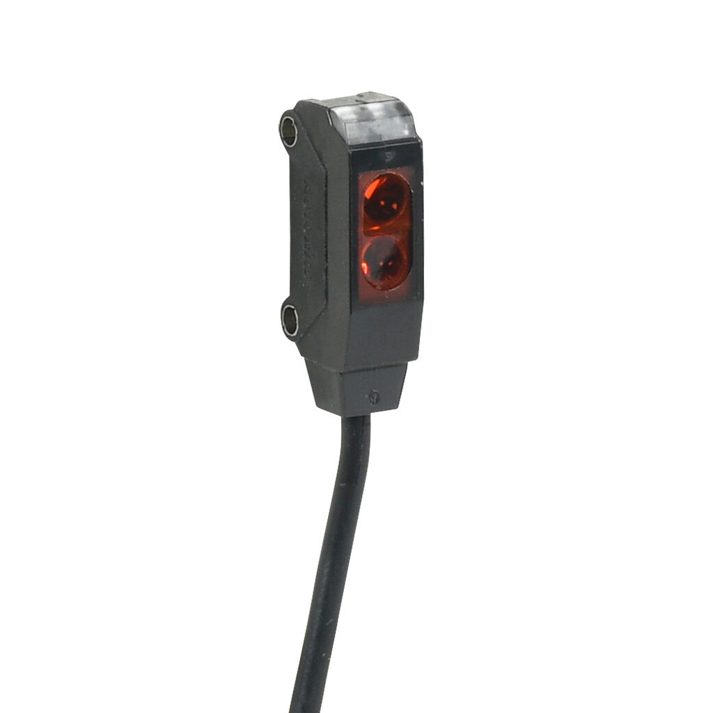 BTS15-LDTL - Autonics photoelectric sensor, rectangular, diffuse, visible red, 5-15mm sensing distance, light-on, NPN, 1 kHz switching frequency, 10.8 x 7.2 x 24.6mm body, polybutylene terephthalate, pigtail.