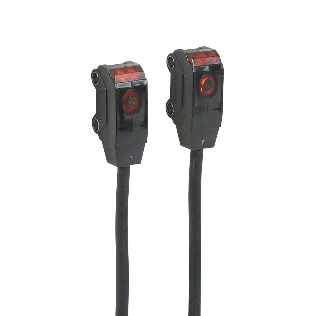 BTS1M-TDTD - Autonics photoelectric sensor, rectangular, through-beam pair, visible red, 0-1m sensing distance, dark-on, NPN, 10.8-26.4 VDC operating voltage, 9.5 x 7.2 x 18.6mm body, polybutylene terephthalate, 3-wire, pigtail.