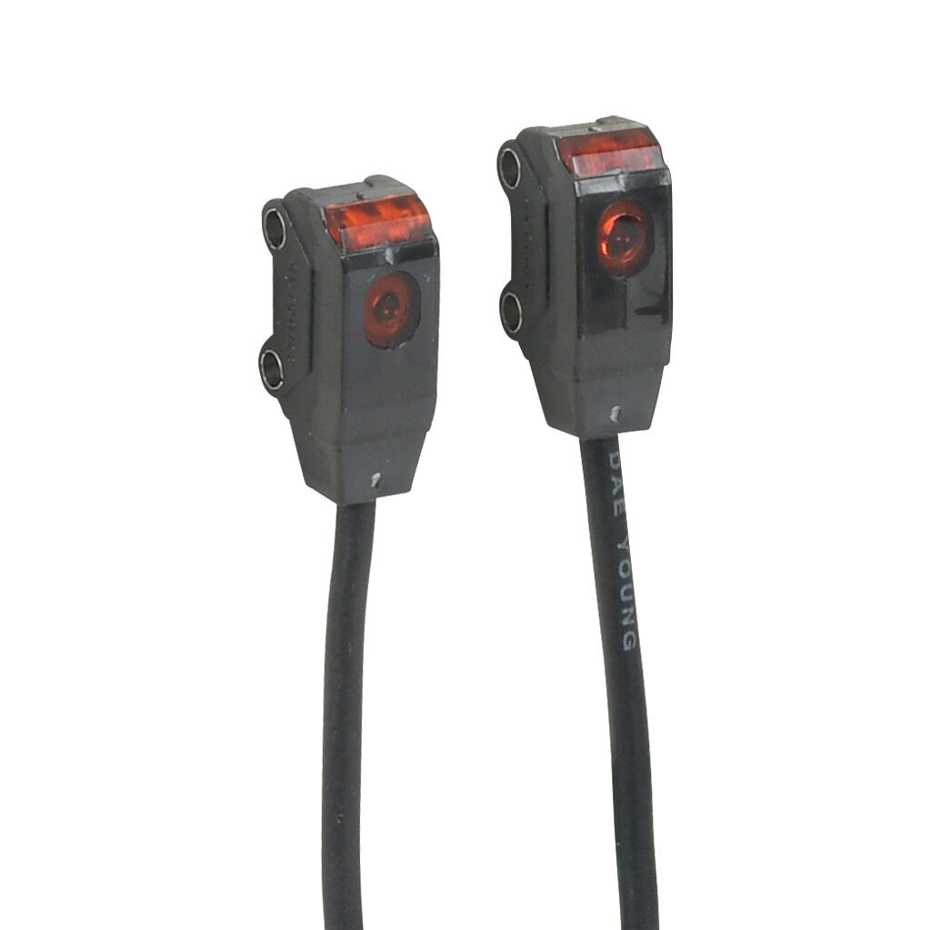 BTS1M-TDTL - Autonics photoelectric sensor, rectangular, through-beam pair, visible red, 0-1m sensing distance, light-on, NPN, 10.8-26.4 VDC operating voltage, 9.5 x 7.2 x 18.6mm body, polybutylene terephthalate, 3-wire, pigtail.