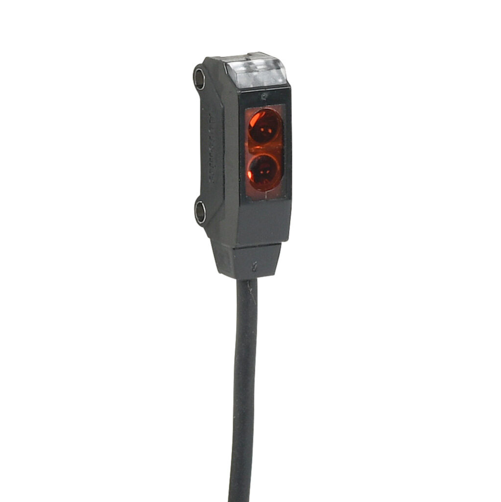 BTS30-LDTD-P - Autonics photoelectric sensor, rectangular, diffuse, visible red, 5-30mm sensing distance, dark-on, PNP, 1 kHz switching frequency, 10.8 x 7.2 x 24.6mm body, polybutylene terephthalate, pigtail.