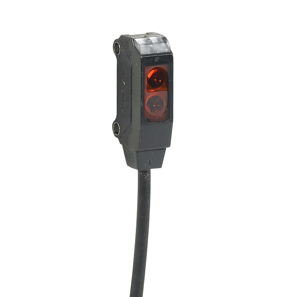 BTS30-LDTL - Autonics photoelectric sensor, rectangular, diffuse, visible red, 5-30mm sensing distance, light-on, NPN, 1 kHz switching frequency, 10.8 x 7.2 x 24.6mm body, polybutylene terephthalate, pigtail.