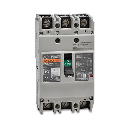 BW125JAGU-3P015SB - Fuji Electric molded case circuit breaker, 125A frame, 15A, 600 VAC/250 VDC, 3-pole, characteristics, thermal magnetic, 30kA @ 480 VAC interrupting rating, panel mount. Line and load lug terminals and terminal covers included.