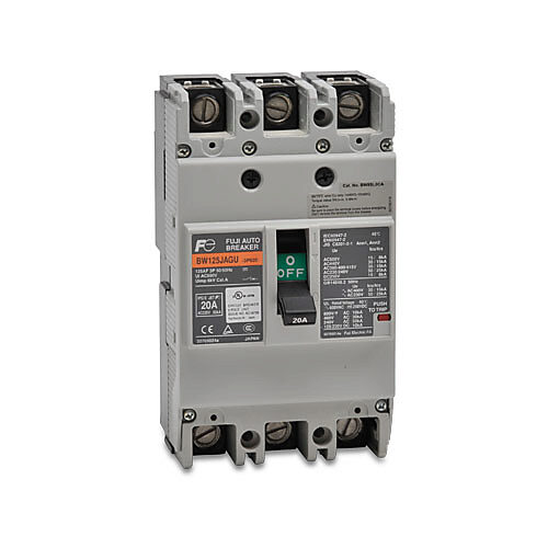 BW125JAGU-3P020SB - Fuji Electric molded case circuit breaker, 125A frame, 20A, 600 VAC/250 VDC, 3-pole, characteristics, thermal magnetic, 30kA @ 480 VAC interrupting rating, panel mount. Line and load lug terminals and terminal covers included.