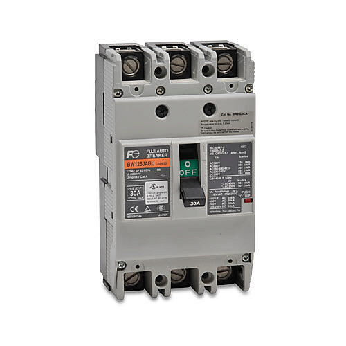 BW125JAGU-3P030SB - Fuji Electric molded case circuit breaker, 125A frame, 30A, 600 VAC/250 VDC, 3-pole, characteristics, thermal magnetic, 30kA @ 480 VAC interrupting rating, panel mount. Line and load lug terminals and terminal covers included.