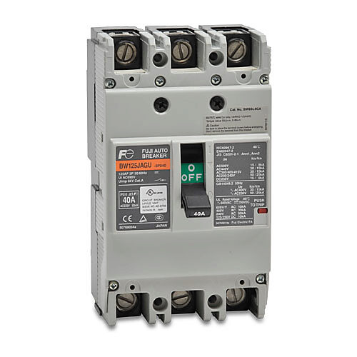 BW125JAGU-3P040SB - Fuji Electric molded case circuit breaker, 125A frame, 40A, 600 VAC/250 VDC, 3-pole, characteristics, thermal magnetic, 30kA @ 480 VAC interrupting rating, panel mount. Line and load lug terminals and terminal covers included.