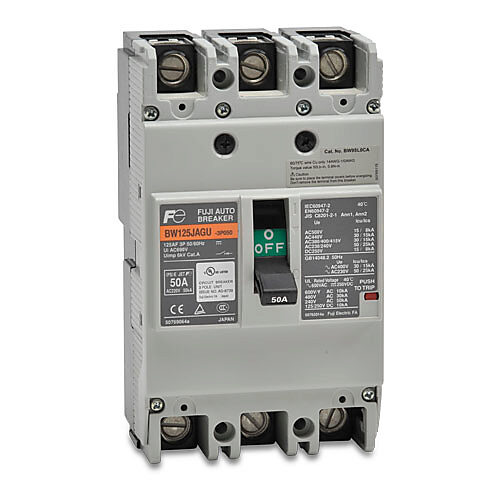BW125JAGU-3P050SB - Fuji Electric molded case circuit breaker, 125A frame, 50A, 600 VAC/250 VDC, 3-pole, characteristics, thermal magnetic, 30kA @ 480 VAC interrupting rating, panel mount. Line and load lug terminals and terminal covers included.