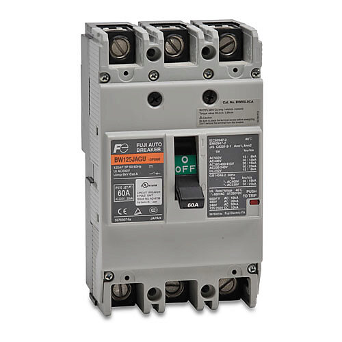 BW125JAGU-3P060SB - Fuji Electric molded case circuit breaker, 125A frame, 60A, 600 VAC/250 VDC, 3-pole, characteristics, thermal magnetic, 30kA @ 480 VAC interrupting rating, panel mount. Line and load lug terminals and terminal covers included.