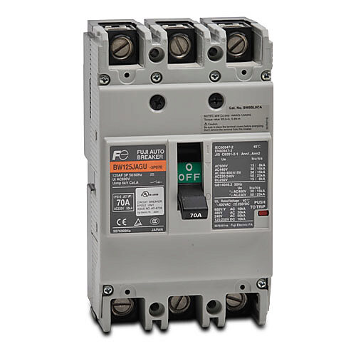 BW125JAGU-3P070SB - Fuji Electric molded case circuit breaker, 125A frame, 70A, 600 VAC/250 VDC, 3-pole, characteristics, thermal magnetic, 30kA @ 480 VAC interrupting rating, panel mount. Line and load lug terminals and terminal covers included.