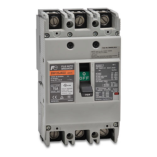 BW125JAGU-3P075SB - Fuji Electric molded case circuit breaker, 125A frame, 75A, 600 VAC/250 VDC, 3-pole, characteristics, thermal magnetic, 30kA @ 480 VAC interrupting rating, panel mount. Line and load lug terminals and terminal covers included.