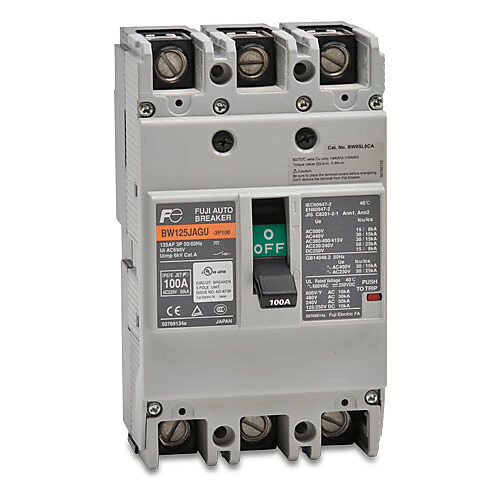 BW125JAGU-3P100SB - Fuji Electric molded case circuit breaker, 125A frame, 100A, 600 VAC/250 VDC, 3-pole, characteristics, thermal magnetic, 30kA @ 480 VAC interrupting rating, panel mount. Line and load lug terminals and terminal covers included.