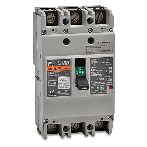 BW125JAGU-3P125SB - Fuji Electric molded case circuit breaker, 125A frame, 125A, 600 VAC/250 VDC, 3-pole, characteristics, thermal magnetic, 30kA @ 480 VAC interrupting rating, panel mount. Line and load lug terminals and terminal covers included.