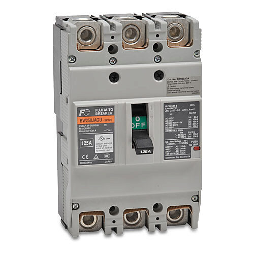 BW250JAGU-3P125SB - Fuji Electric molded case circuit breaker, 250A frame, 125A, 600 VAC/250 VDC, 3-pole, characteristics, thermal magnetic, 30kA @ 480 VAC interrupting rating, panel mount. Line and load lug terminals and terminal covers included.