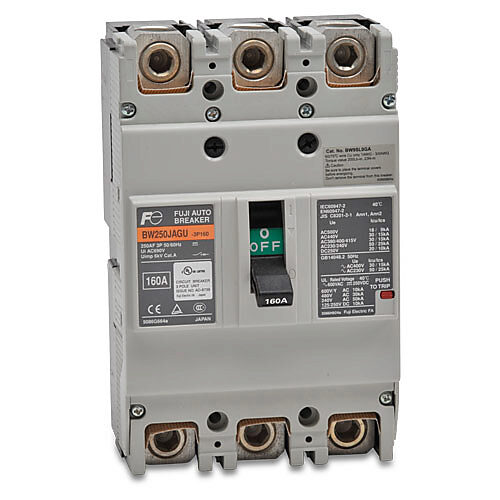 BW250JAGU-3P160SB - Fuji Electric molded case circuit breaker, 250A frame, 160A, 600 VAC/250 VDC, 3-pole, characteristics, thermal magnetic, 30kA @ 480 VAC interrupting rating, panel mount. Line and load lug terminals and terminal covers included.