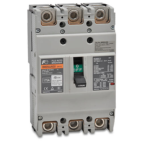 BW250JAGU-3P175SB - Fuji Electric molded case circuit breaker, 250A frame, 175A, 600 VAC/250 VDC, 3-pole, characteristics, thermal magnetic, 30kA @ 480 VAC interrupting rating, panel mount. Line and load lug terminals and terminal covers included.