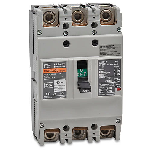 BW250JAGU-3P200SB - Fuji Electric molded case circuit breaker, 250A frame, 200A, 600 VAC/250 VDC, 3-pole, characteristics, thermal magnetic, 30kA @ 480 VAC interrupting rating, panel mount. Line and load lug terminals and terminal covers included.