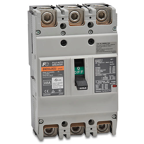 BW250JAGU-3P225SB - Fuji Electric molded case circuit breaker, 250A frame, 225A, 600 VAC/250 VDC, 3-pole, characteristics, thermal magnetic, 30kA @ 480 VAC interrupting rating, panel mount. Line and load lug terminals and terminal covers included.