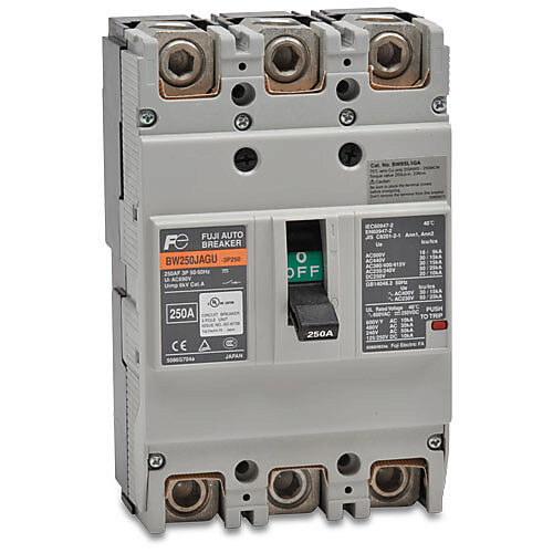 BW250JAGU-3P250SB - Fuji Electric molded case circuit breaker, 250A frame, 250A, 600 VAC/250 VDC, 3-pole, characteristics, thermal magnetic, 30kA @ 480 VAC interrupting rating, panel mount. Line and load lug terminals and terminal covers included.