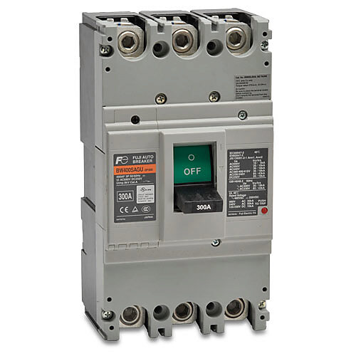 BW400SAGU-3P300SB - Fuji Electric molded case circuit breaker, 400A frame, 300A, 480 VAC/250 VDC, 3-pole, characteristics, thermal magnetic, 35kA @ 480 VAC interrupting rating, panel mount. Line and load lug terminals included.
