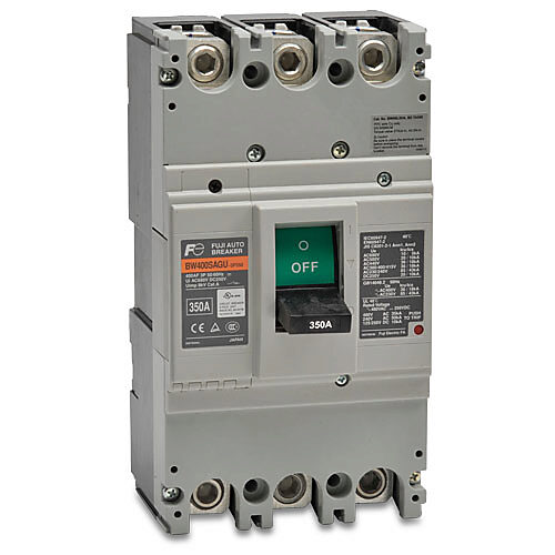 BW400SAGU-3P350SB - Fuji Electric molded case circuit breaker, 400A frame, 350A, 480 VAC/250 VDC, 3-pole, characteristics, thermal magnetic, 35kA @ 480 VAC interrupting rating, panel mount. Line and load lug terminals included.