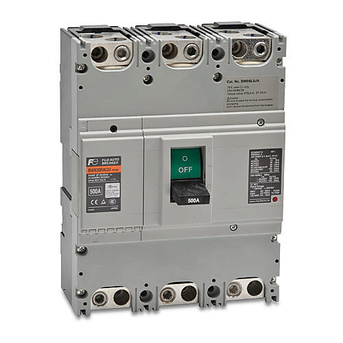 BW630RAGU-3P500SB - Fuji Electric molded case circuit breaker, 630A frame, 500A, 480 VAC/250 VDC, 3-pole, characteristics, thermal magnetic, 50kA @ 480 VAC interrupting rating, panel mount. Line and load lug terminals included.