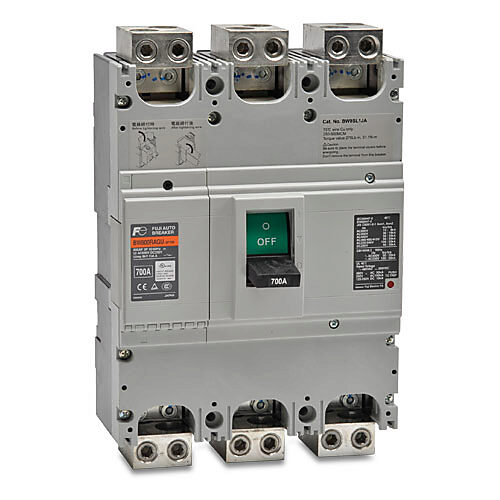 BW800RAGU-3P700SB - Fuji Electric molded case circuit breaker, 800A frame, 700A, 480 VAC/250 VDC, 3-pole, characteristics, thermal magnetic, 50kA @ 480 VAC interrupting rating, panel mount. Line and load lug terminals included.