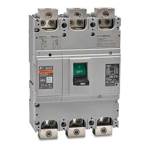 BW800RAGU-3P800SB - Fuji Electric molded case circuit breaker, 800A frame, 800A, 480 VAC/250 VDC, 3-pole, characteristics, thermal magnetic, 50kA @ 480 VAC interrupting rating, panel mount. Line and load lug terminals included.