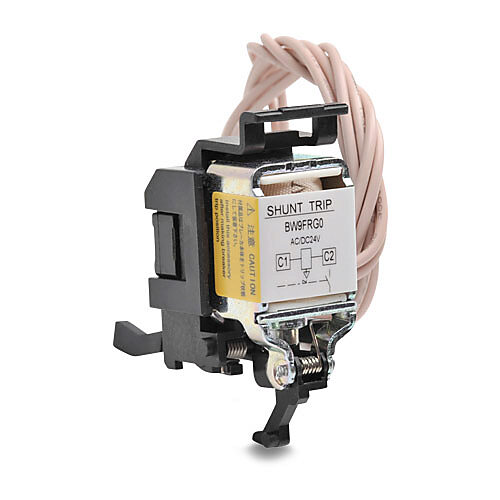 BW9FRG0 - Fuji Electric field installable shunt trip, left or right side mount, 24 VAC/VDC coil voltage, 19.69in 20AWG lead wires. For use with Fuji Electric 125A and 250A frame MCCBs.