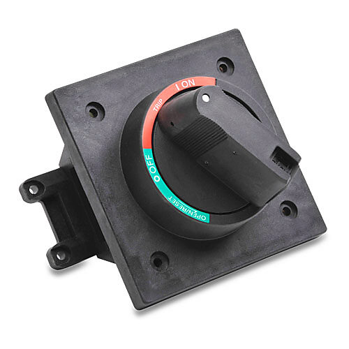 BW9V0GA - Fuji Electric rotary handle, selector, black, external front mount, 2-position, lockable in OFF only, defeatable, IP54. For use with Fuji Electric 250A frame MCCBs. 0.4in shaft and operator included.