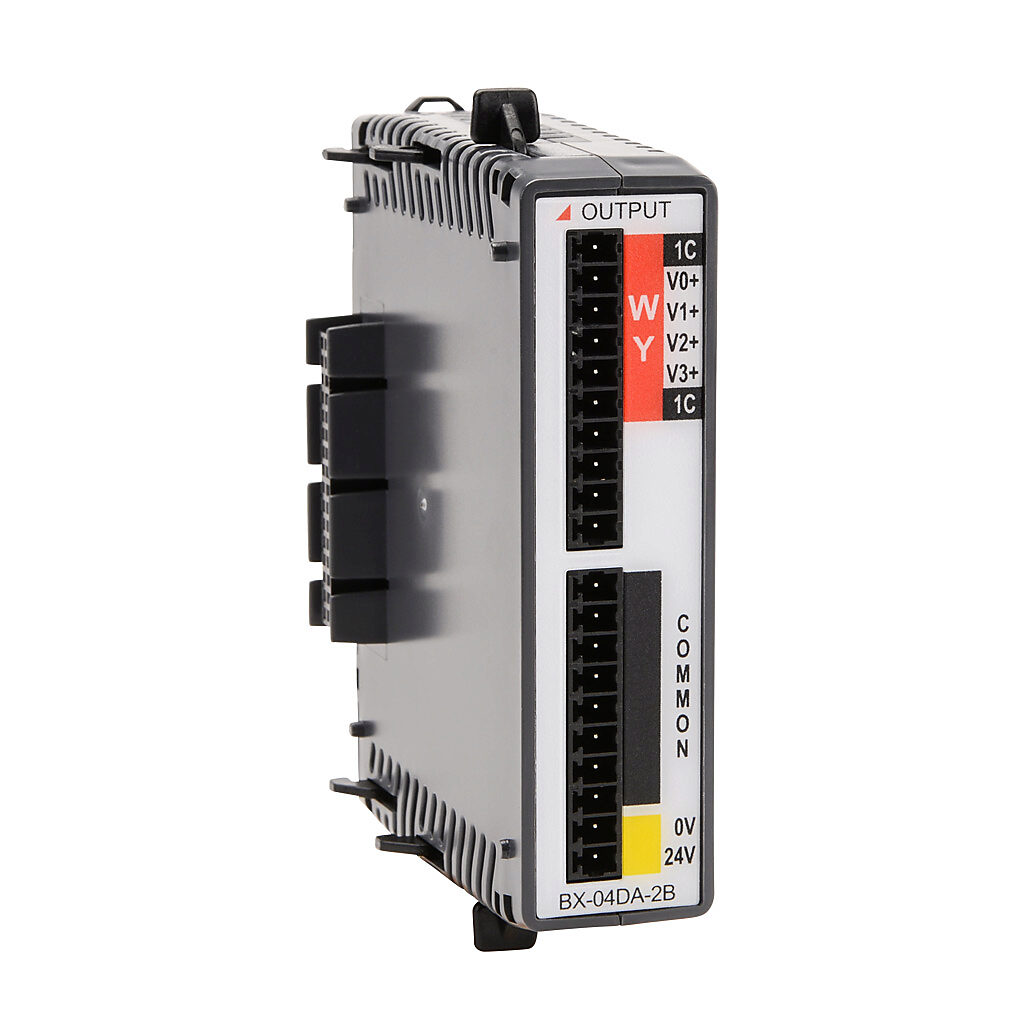 BX-04DA-2B - BRX analog output module, 4-channel, voltage, 16-bit, external 24 VDC required. Requires BX-RTB10, BX-RTB10-1 or BX-RTB10-2 terminal block kit or ZIPLink pre-wired cables.