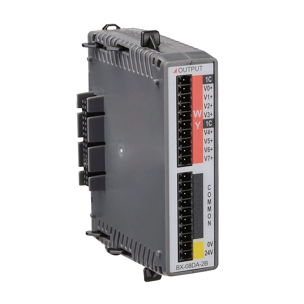 BX-08DA-2B - BRX analog output module, 8-channel, voltage, 16-bit, external 24 VDC required. Requires BX-RTB10, BX-RTB10-1 or BX-RTB10-2 terminal block kit or ZIPLink pre-wired cables.