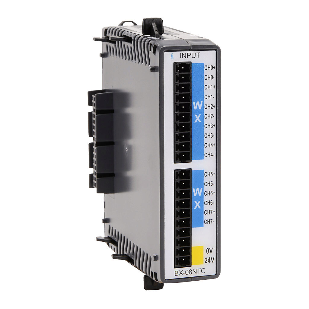 BX-08NTC - BRX temperature input module, thermistor, 8-channel, 16-bit resolution, input thermistor type(s): 2252, 10K-AN Type 3, 10K-CP Type 2, 5K, 3K and 1.8K ohm. (1) BX-RTB10 screw terminal block kit included.