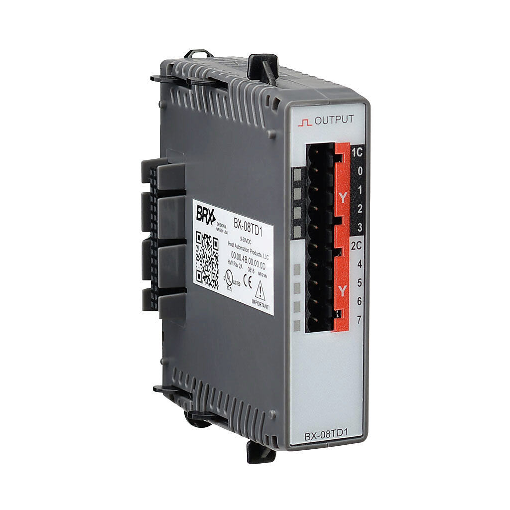 BX-08TD1 - BRX discrete output module, 8-point, 12-24 VDC, sinking, 2 isolated common(s), 4 point(s) per common, 0.5A/point. Requires BX-RTB08, BX-RTB08-1 or BX-RTB08-2 terminal block kit or ZIPLink pre-wired cables.