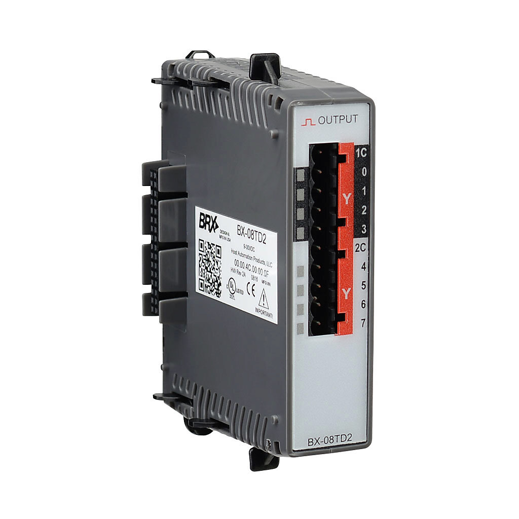BX-08TD2 - BRX discrete output module, 8-point, 12-24 VDC, sourcing, 2 isolated common(s), 4 point(s) per common, 0.5A/point. Requires BX-RTB08, BX-RTB08-1 or BX-RTB08-2 terminal block kit or ZIPLink pre-wired cables.