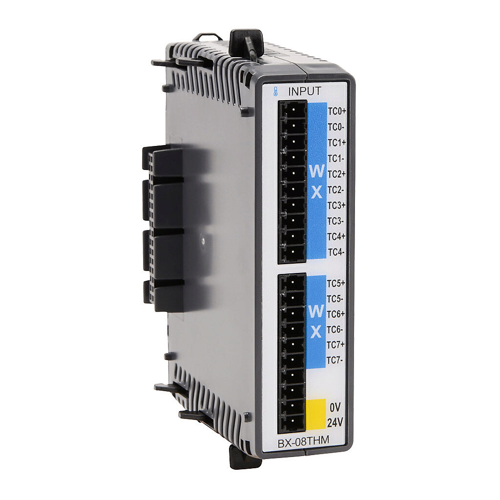 BX-08THM - BRX temperature input module, thermocouple, 8-channel, 16-bit resolution, input thermocouple type(s): J, E, K, R, S, T, B, N, C. (1) BX-RTB10 screw terminal block kit included.