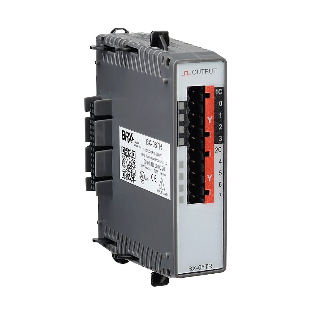 BX-08TR - BRX relay output module, 8-point, 12-48 VDC/24-240 VAC, (8) Form A, 2 isolated common(s), 4 point(s) per common, 2A/point. Requires BX-RTB08, BX-RTB08-1 or BX-RTB08-2 terminal block kit or ZIPLink pre-wired cables.