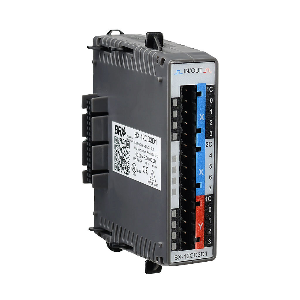 BX-12CD3D1 - BRX discrete combo module, Input: 8-point, 12-24 VDC, sinking/sourcing, Output: 4-point, 12-24 VDC, sinking, 0.5A/point. Requires BX-RTB08, BX-RTB08-1 or BX-RTB08-2 terminal block kit or ZIPLink pre-wired cables.