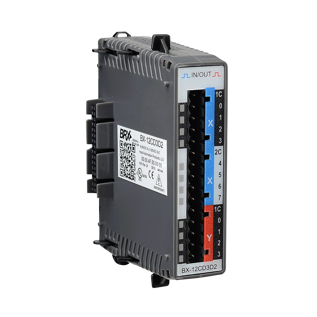 BX-12CD3D2 - BRX discrete combo module, Input: 8-point, 12-24 VDC, sinking/sourcing, Output: 4-point, 12-24 VDC, sourcing, 0.5A/point. Requires BX-RTB08, BX-RTB08-1 or BX-RTB08-2 terminal block kit or ZIPLink pre-wired cables.