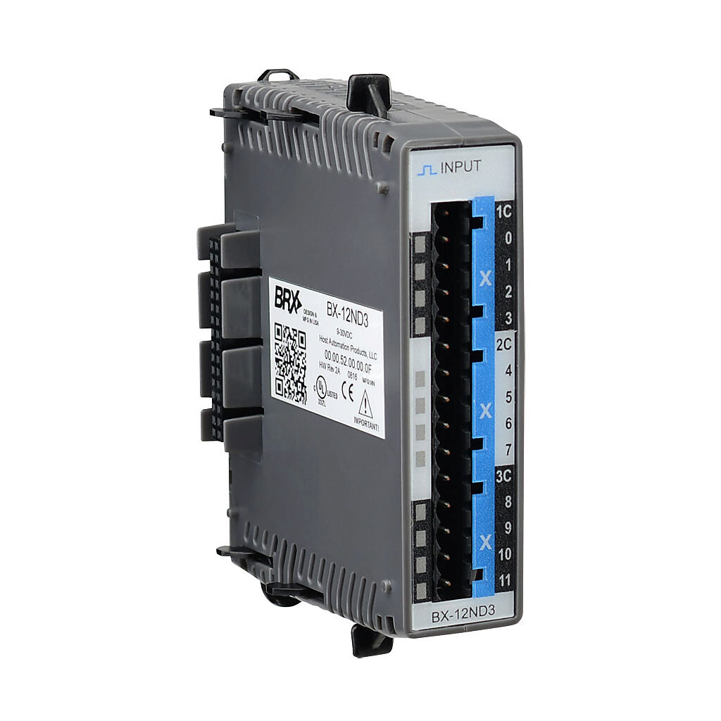 BX-12ND3 - BRX discrete input module, 12-point, 12-24 VDC, sinking/sourcing, 3 isolated common(s), 4 point(s) per common. Requires BX-RTB08, BX-RTB08-1 or BX-RTB08-2 terminal block kit or ZIPLink pre-wired cables.
