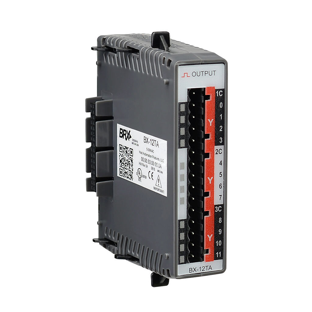 BX-12TA - BRX discrete output module, 12-point, 12-24 VAC/120-240 VAC, 3 isolated common(s), 4 point(s) per common, 0.5A/point, 2A/common. Requires BX-RTB08, BX-RTB08-1 or BX-RTB08-2 terminal block kit or ZIPLink pre-wired cables.