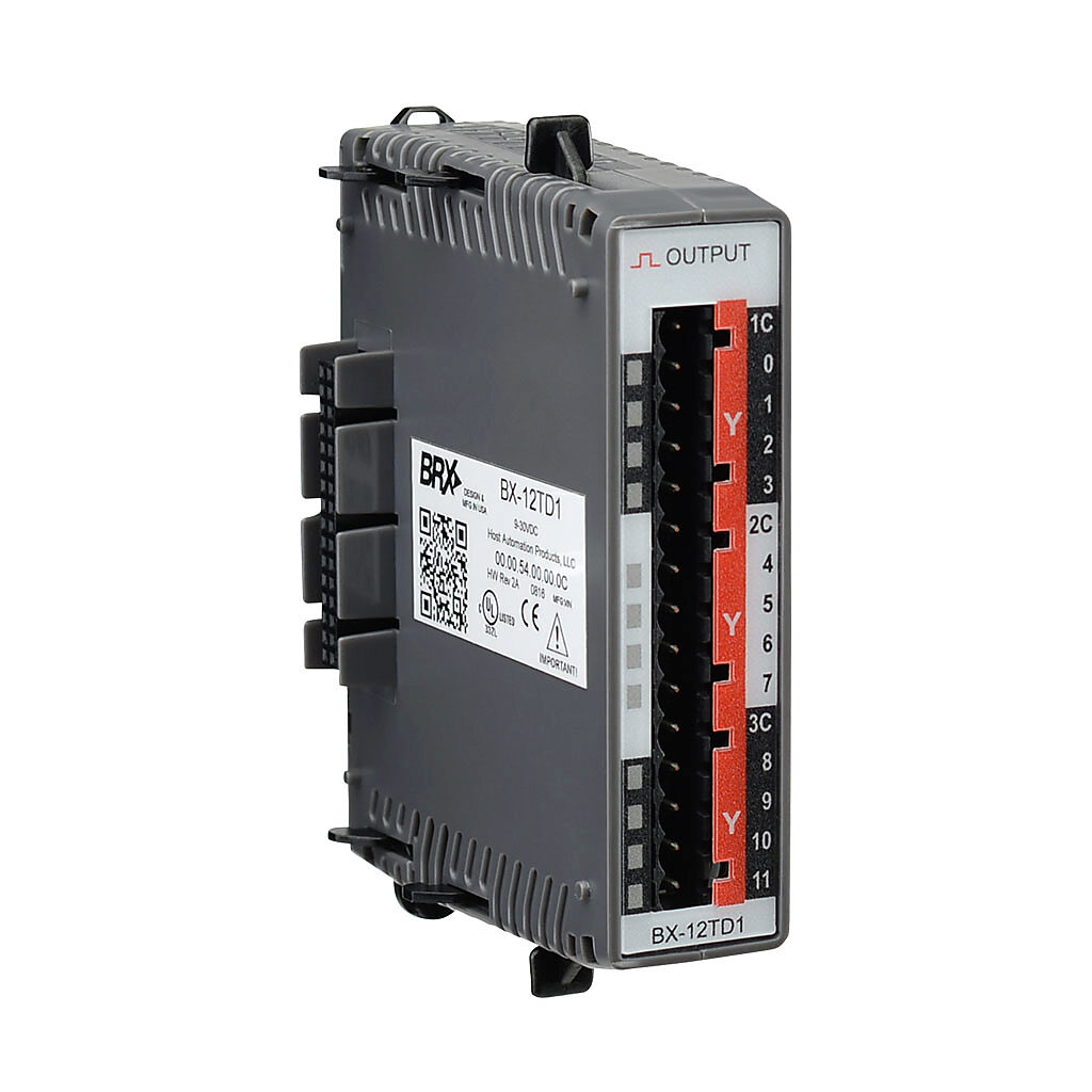 BX-12TD1 - BRX discrete output module, 12-point, 12-24 VDC, sinking, 3 isolated common(s), 4 point(s) per common, 0.5A/point. Requires BX-RTB08, BX-RTB08-1 or BX-RTB08-2 terminal block kit or ZIPLink pre-wired cables.