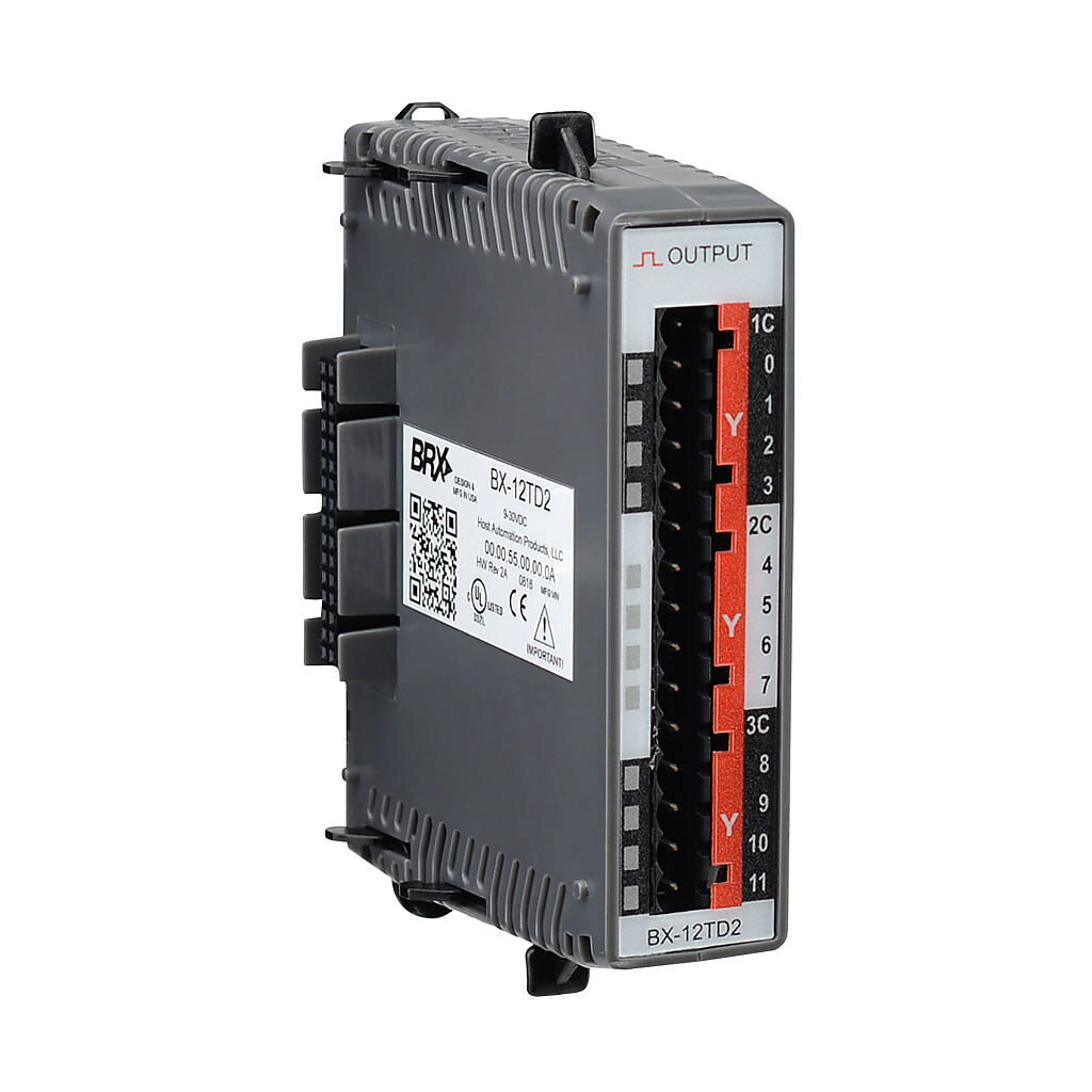 BX-12TD2 - BRX discrete output module, 12-point, 12-24 VDC, sourcing, 3 isolated common(s), 4 point(s) per common, 0.5A/point. Requires BX-RTB08, BX-RTB08-1 or BX-RTB08-2 terminal block kit or ZIPLink pre-wired cables.