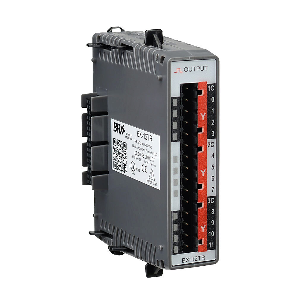 BX-12TR - BRX relay output module, 12-point, 12-48 VDC/24-240 VAC, (12) Form A, 3 isolated common(s), 4 point(s) per common, 2A/point. Requires BX-RTB08, BX-RTB08-1 or BX-RTB08-2 terminal block kit or ZIPLink pre-wired cables.